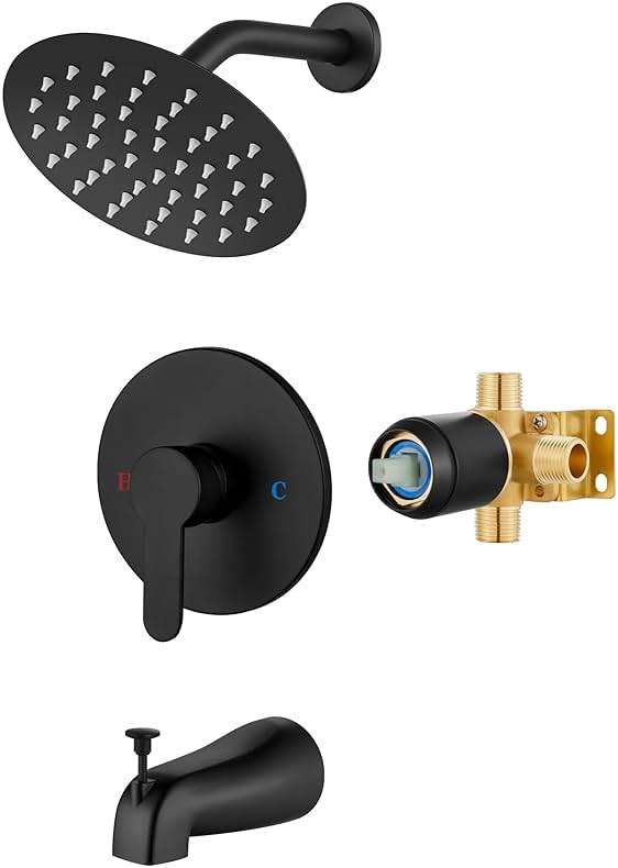 Airuida Shower Faucet Set with Tub Spout,Bathtub Faucet Set Complete,Round Rainfall Shower Head,Tub and Shower Trim Kit with Solid Brass Rough-In Valve,6 Inch-Matte Black - Image 1