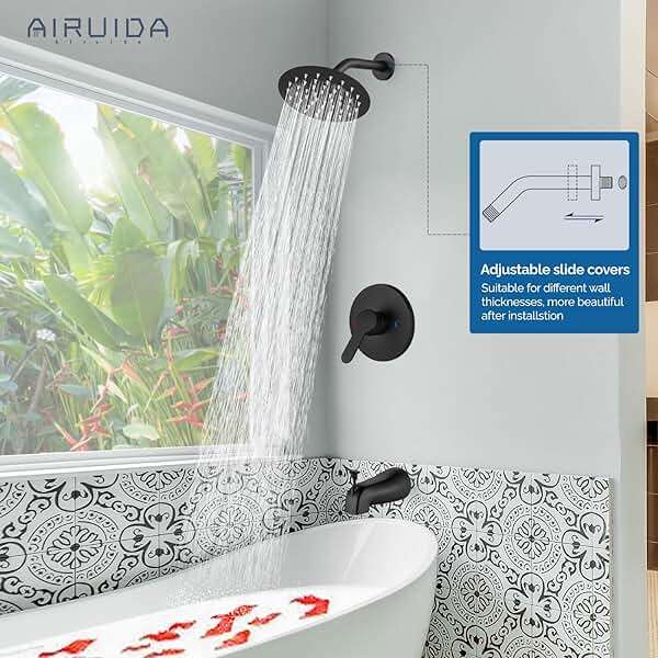 Airuida Shower Faucet Set with Tub Spout,Bathtub Faucet Set Complete,Round Rainfall Shower Head,Tub and Shower Trim Kit with Solid Brass Rough-In Valve,6 Inch-Matte Black - Image 4