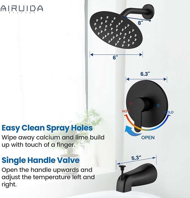 Airuida Shower Faucet Set with Tub Spout,Bathtub Faucet Set Complete,Round Rainfall Shower Head,Tub and Shower Trim Kit with Solid Brass Rough-In Valve,6 Inch-Matte Black - Image 5