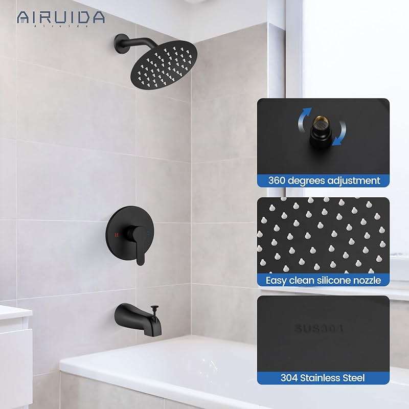 Airuida Shower Faucet Set with Tub Spout,Bathtub Faucet Set Complete,Round Rainfall Shower Head,Tub and Shower Trim Kit with Solid Brass Rough-In Valve,6 Inch-Matte Black - Image 9