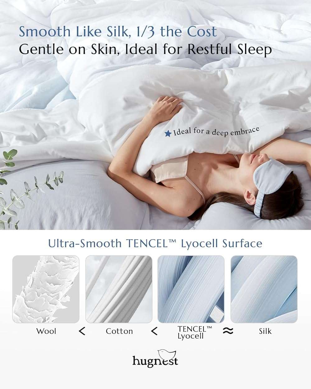 HugNest Comforter Set Queen Size Blue - Luxury Soft Tencel Cotton Bed Set, Breathable Lightweight Comforters for All Seasons, 3 Pieces, 1 Comforter (90"x90") and 2 Pillow Cases (20"x30") - Image 3