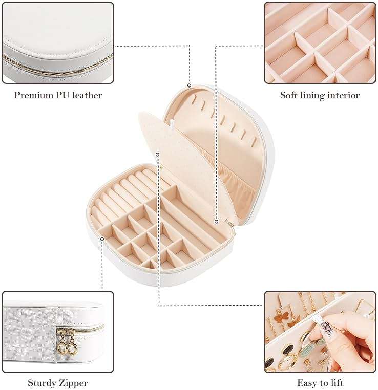 ProCase Travel Size Jewelry Box, Large Portable Seashell-Shaped Jewelry Case, 2 Layer Jewelry Organizer in PU Leather for Women -White - Image 7