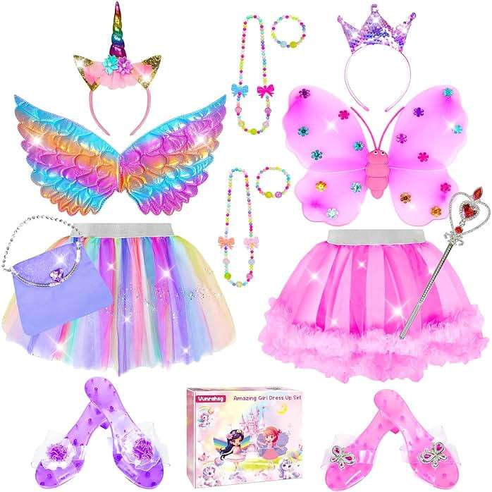 Princess Dress Up for Girls 4-6 With Tutu Shoes Jewelry Unicorn Headband Butterfly Wing Toddler Dress Up Clothes Pretend Play Fairy Costumes Set for Girls Christmas Birthday Gift 3 4 5 6 7 Girl Toys - Image 1