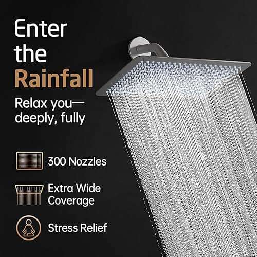 12-Inch Rectangle Rain Shower Head, KES Ultra-Thin High Pressure Rainfall Shower Heads, 300 Nozzles for Dense Water Flow, Full Body Waterfall Coverage, Wall or Ceiling Mount, Brushed Steel, J215F18-BS - Image 3