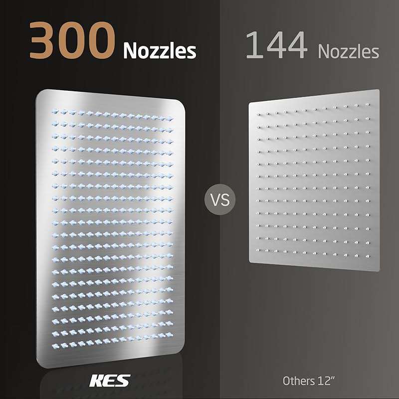 12-Inch Rectangle Rain Shower Head, KES Ultra-Thin High Pressure Rainfall Shower Heads, 300 Nozzles for Dense Water Flow, Full Body Waterfall Coverage, Wall or Ceiling Mount, Brushed Steel, J215F18-BS - Image 4