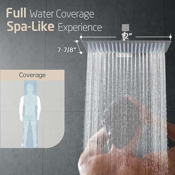 12-Inch Rectangle Rain Shower Head, KES Ultra-Thin High Pressure Rainfall Shower Heads, 300 Nozzles for Dense Water Flow, Full Body Waterfall Coverage, Wall or Ceiling Mount, Brushed Steel, J215F18-BS - Image 6