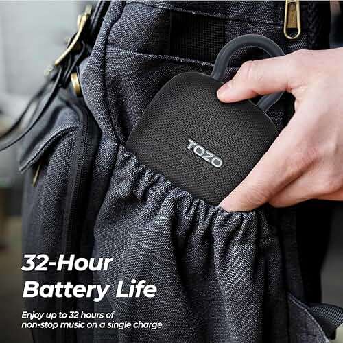 TOZO PE1 Portable Bluetooth Speakers with Adjustable Carabiner, Mini Bluetooth Wireless Shower Speaker with IPX8 Waterproof, 32H Playtime Punchy Bass Audio Speaker for Home, Outdoor and Travel, Black - Image 4