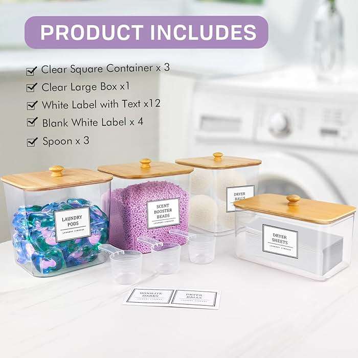 HomePekite Laundry Pods Storage Container, Clear Laundry Room Organization and Storage ,Detergent Powder Container,with Wooden Lids & Labels, 3+1 Pack - Image 4