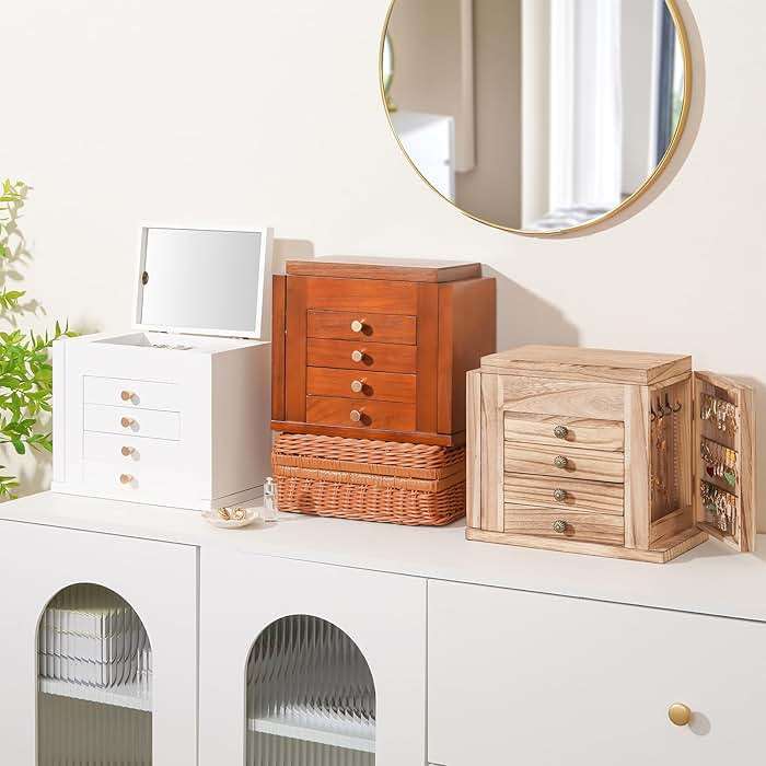 ProCase Large Jewelry Box, 5-Layer Wooden Jewelry Boxes for Women, Jewellery Holder Organizer Storage Case with Mirror for Earrings Necklace for Dresser -Natural - Image 5
