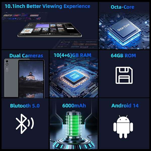 TUOHAITIME Android 15 Tablet,10 inch Tablets, Octa Core CPU, 24GB+64GB+512GB Expansion, 1280x800 Display Screen, Wi-Fi6, Dual Cameras, 6000mAh Battery,Support Widevine L1 Google Kids Space, Blue - Image 2