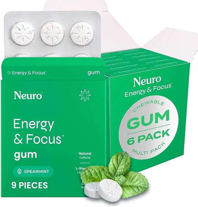 Neuro Energy & Focus Gum - Caffeine Gum with 40mg Natural Caffeine & L-Theanine - Nootropic Energy Supplement with B Vitamins - Sugar Free, Vegan - Spearmint, 54ct - Image 1