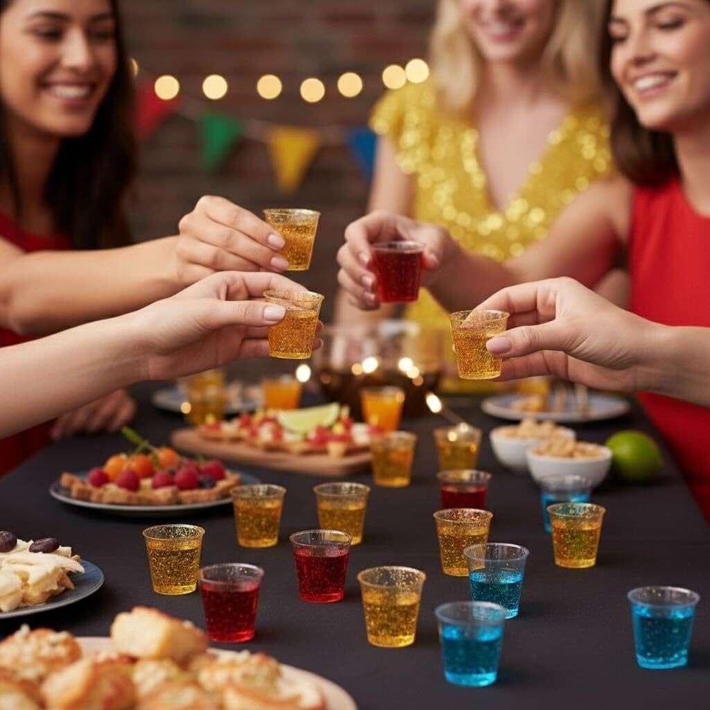 MATANA 60 Glitter Gold Plastic Shot Glasses 1oz - Reusable, Clear Cups for Jelly Shots, Sample Tasting - Parties, Birthdays, Weddings - Image 6