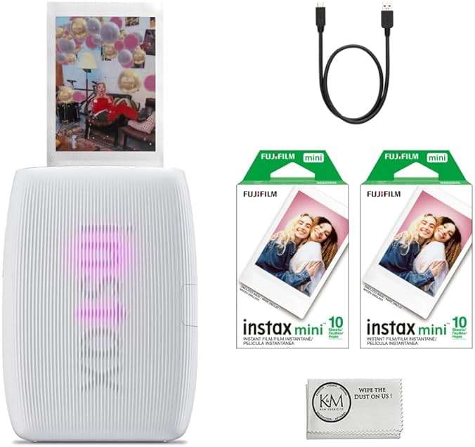 Fujifilm INSTAX Mini Link 3 Smartphone Printer | Clay White Bundled INSTAX Mini Instant Film | 20 Exposures + Microfiber Cleaning Cloth (3 Items) - Image 1