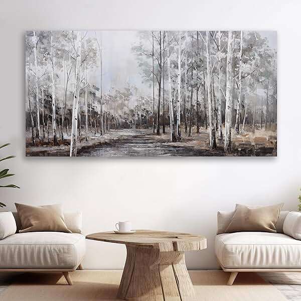 White Birch Tree Wall Art Grey Forest Painting Abstract Canvas Art Landscape Panoramic Picture Nature Artwork Framed for Living Room Bedroom Dinning Room Home Office Wall Decor 40"x20" - Image 2