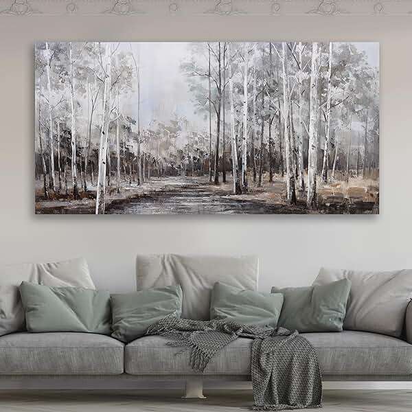White Birch Tree Wall Art Grey Forest Painting Abstract Canvas Art Landscape Panoramic Picture Nature Artwork Framed for Living Room Bedroom Dinning Room Home Office Wall Decor 40"x20" - Image 3