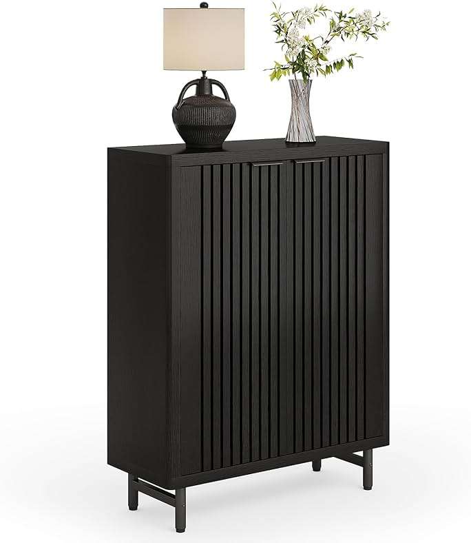 LITTLE TREE 6-Tier Shoe Cabinet with Doors for Up to 24 Pairs, Large Wooden Shoe Storage Cabinet with Adjustable Shelves, Black Freestanding Shoe Organizer Cabinet for Entryway, Hallway - Image 1