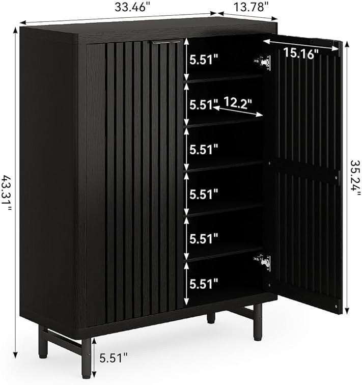 LITTLE TREE 6-Tier Shoe Cabinet with Doors for Up to 24 Pairs, Large Wooden Shoe Storage Cabinet with Adjustable Shelves, Black Freestanding Shoe Organizer Cabinet for Entryway, Hallway - Image 3