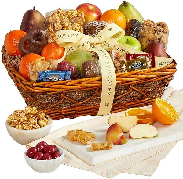 GreatFoods With Sincere Sympathy Condolence Fruit & Sweets Gift Basket, condolence gift, gourmet food gift, sympathy gift - Image 1
