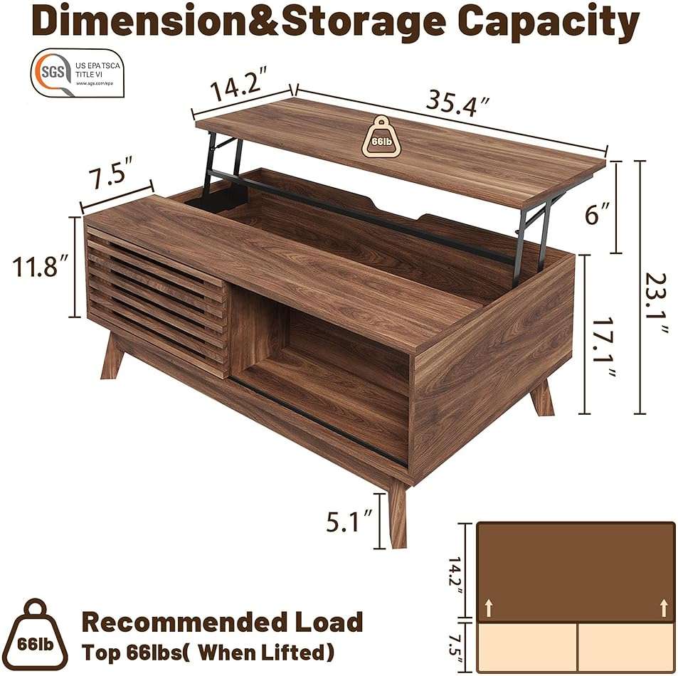 HAIOOU Lift Top Coffee Table, Mid Century Modern Coffee Table with Storage for Living Room, 35.4'' Walnut Coffee Tables with Sliding Fence Door (Brown) - Image 2