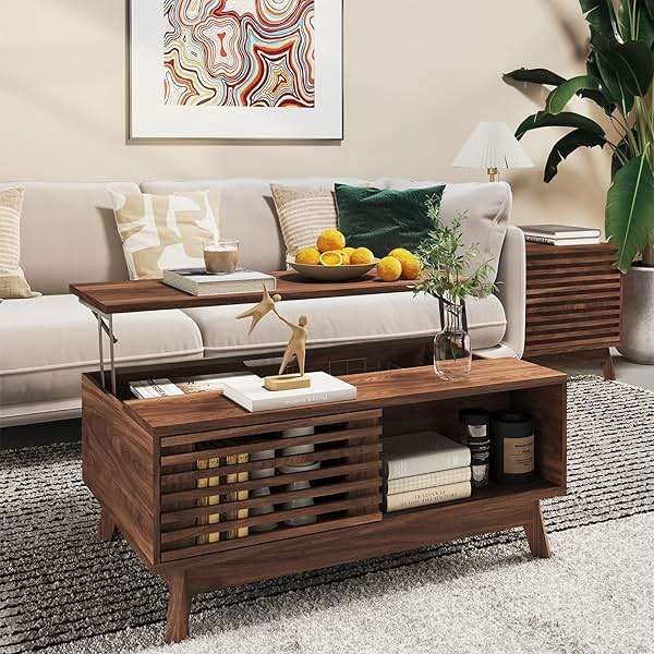 HAIOOU Lift Top Coffee Table, Mid Century Modern Coffee Table with Storage for Living Room, 35.4'' Walnut Coffee Tables with Sliding Fence Door (Brown) - Image 3