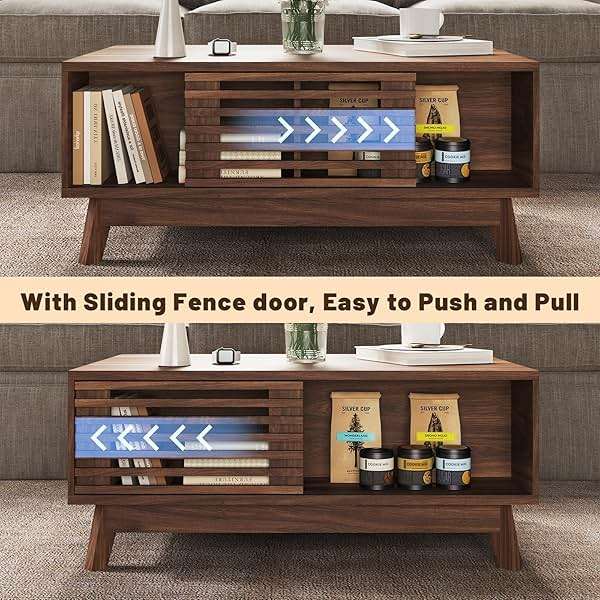 HAIOOU Lift Top Coffee Table, Mid Century Modern Coffee Table with Storage for Living Room, 35.4'' Walnut Coffee Tables with Sliding Fence Door (Brown) - Image 4