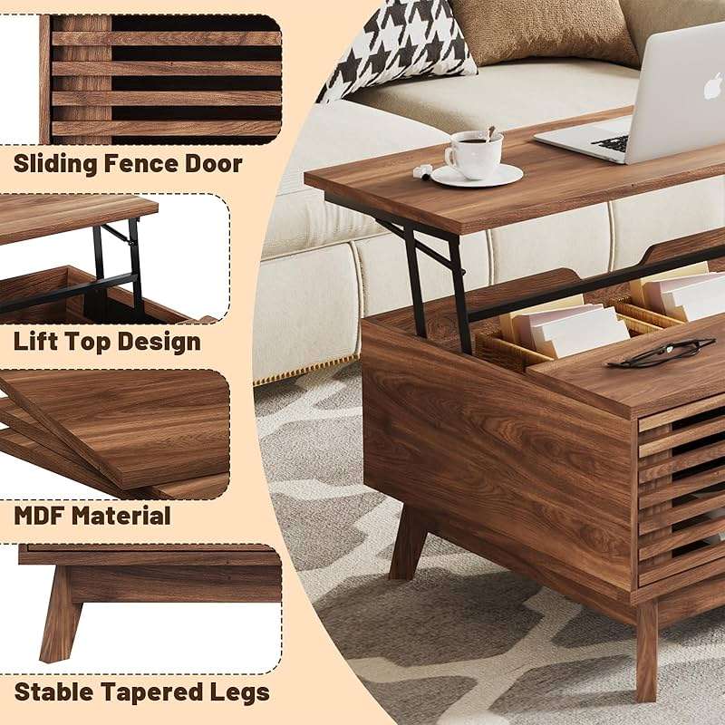 HAIOOU Lift Top Coffee Table, Mid Century Modern Coffee Table with Storage for Living Room, 35.4'' Walnut Coffee Tables with Sliding Fence Door (Brown) - Image 5