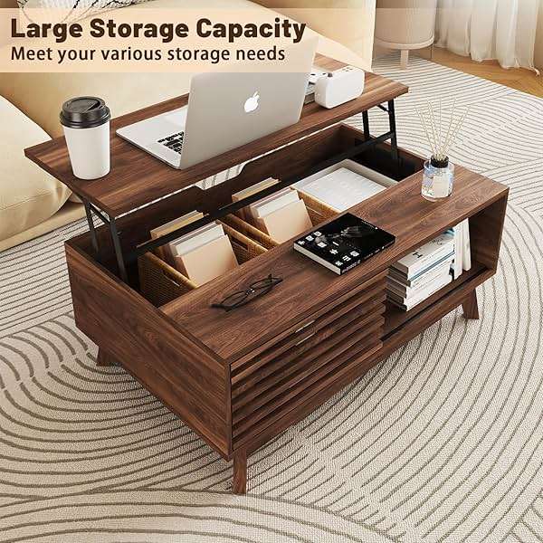 HAIOOU Lift Top Coffee Table, Mid Century Modern Coffee Table with Storage for Living Room, 35.4'' Walnut Coffee Tables with Sliding Fence Door (Brown) - Image 7