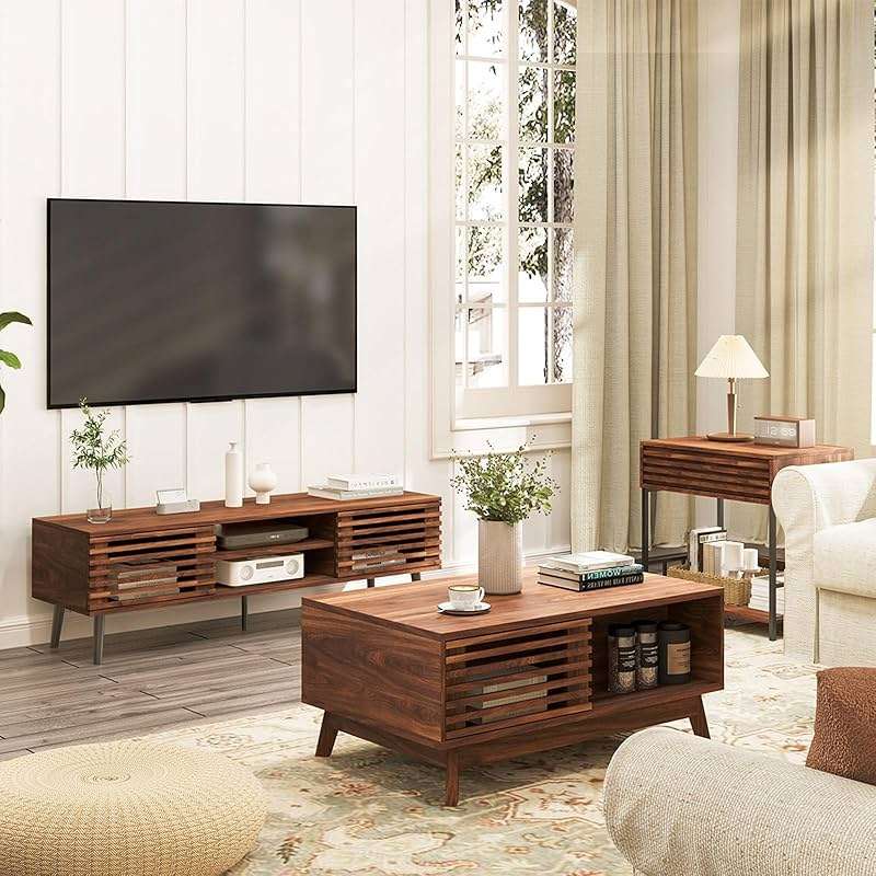HAIOOU Lift Top Coffee Table, Mid Century Modern Coffee Table with Storage for Living Room, 35.4'' Walnut Coffee Tables with Sliding Fence Door (Brown) - Image 9