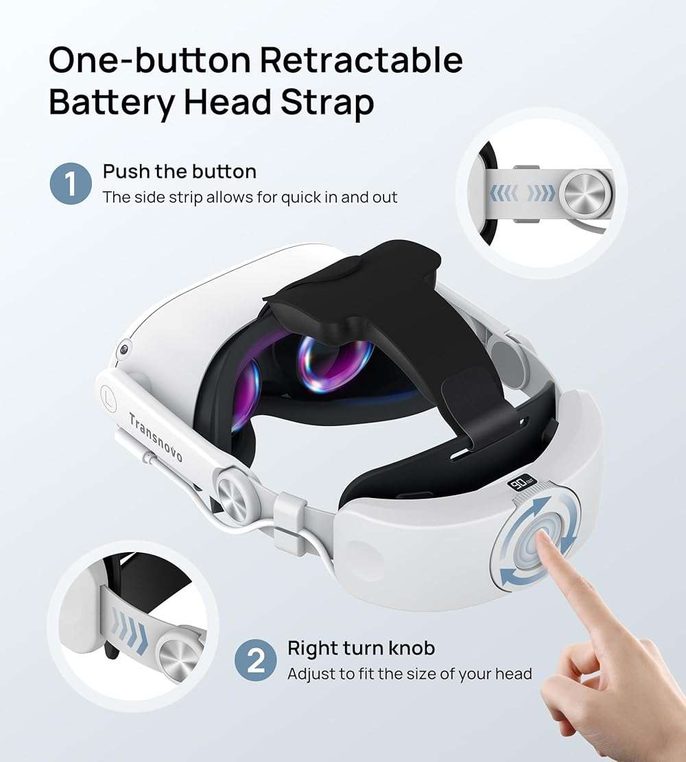 TRANSNOVO Compatible with Oculus Quest 2 6000mAh Battery Head Strap, One-Button Retractable Design,Quest 2 Accessories for Meta Quest 2 Head Strap - Image 3