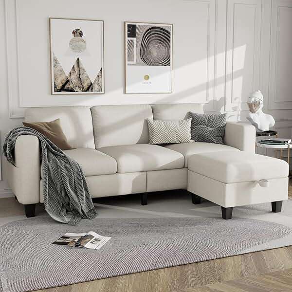 Clotius Sectional Sofa Couches for Living Room - L Shaped Cloud Couch-Small Modular 3 Seat-Comfy Linen with Storage Deep Seat Sofa,Washable Covers-Suitable for Living Room-Apartment-Office-Beige - Image 1