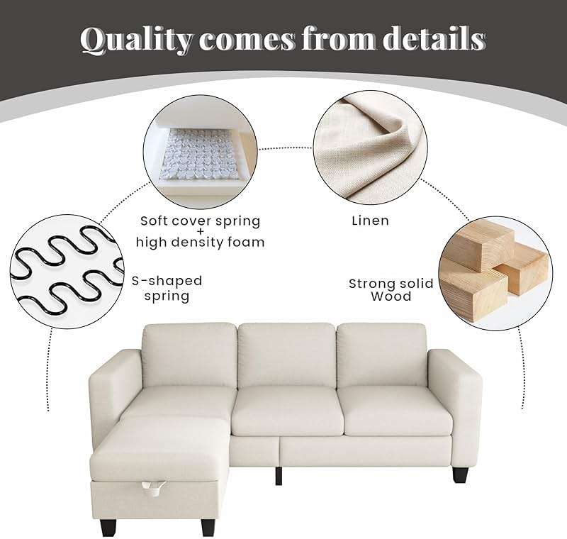 Clotius Sectional Sofa Couches for Living Room - L Shaped Cloud Couch-Small Modular 3 Seat-Comfy Linen with Storage Deep Seat Sofa,Washable Covers-Suitable for Living Room-Apartment-Office-Beige - Image 5