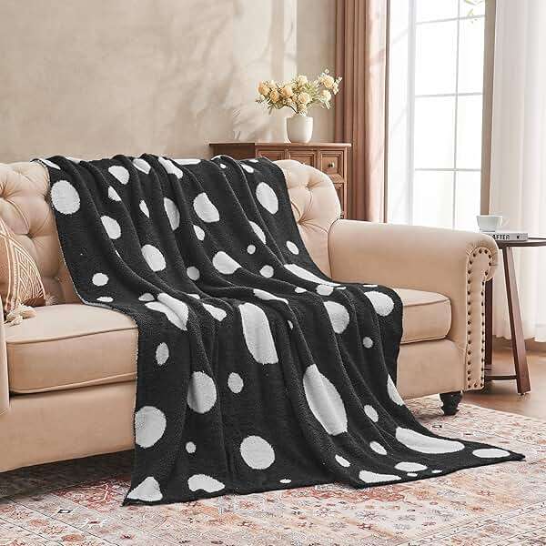 Douceur Polka Dot Throw Blanket for Couch Sofa Bed, Reversible Cozy Fluffy Super Soft Bedroom Blanket, Plush Jet Black Throw Blanket, 50×60 inches - Image 3