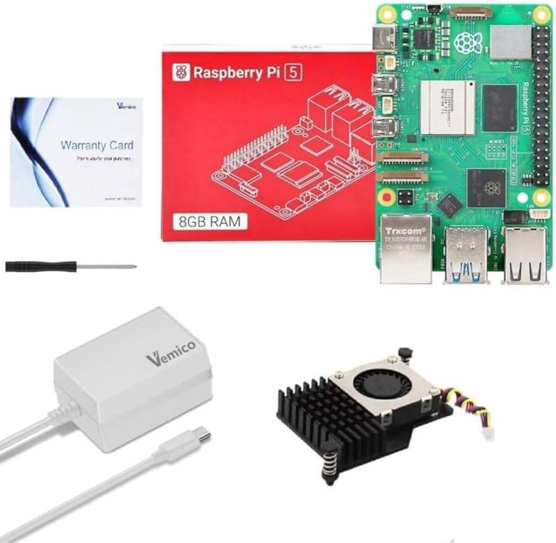 Vemico Raspberry Pi 5 8GB Starter Kit, Pi 5 8GB Single Board, 27W GaN 5.1V 5A Type-C Power Supply & Active Cooler, Ideal for AI, IoT, Robotics & DIY Projects - Image 1