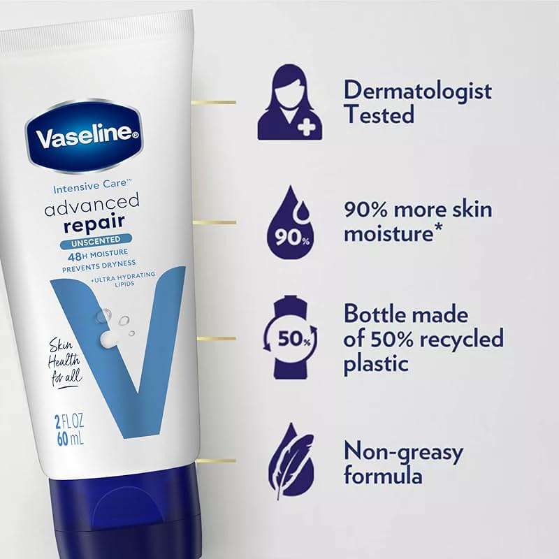 Vaseline Intensive Care Lotion Bundle – Advanced Repair Unscented Formula and Nourishing Moisture Hand and Body for Extremely Dry Skin, 2 OZ Ea (2 Piece Set) - Image 7