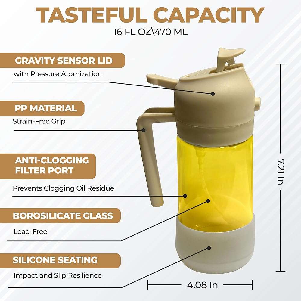 MBO 2-in-1 Olive Oil Spray Bottle for Cooking – 16oz / 470ml Glass Dispenser with Silicone-Encased Base, Mist & Pour Spout – Refillable Kitchen Gadget for Air Fryer, Salad, BBQ - Image 3