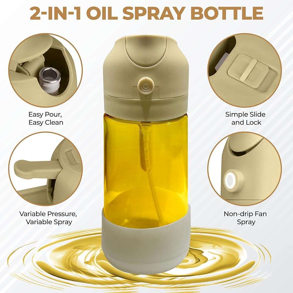 MBO 2-in-1 Olive Oil Spray Bottle for Cooking – 16oz / 470ml Glass Dispenser with Silicone-Encased Base, Mist & Pour Spout – Refillable Kitchen Gadget for Air Fryer, Salad, BBQ - Image 4