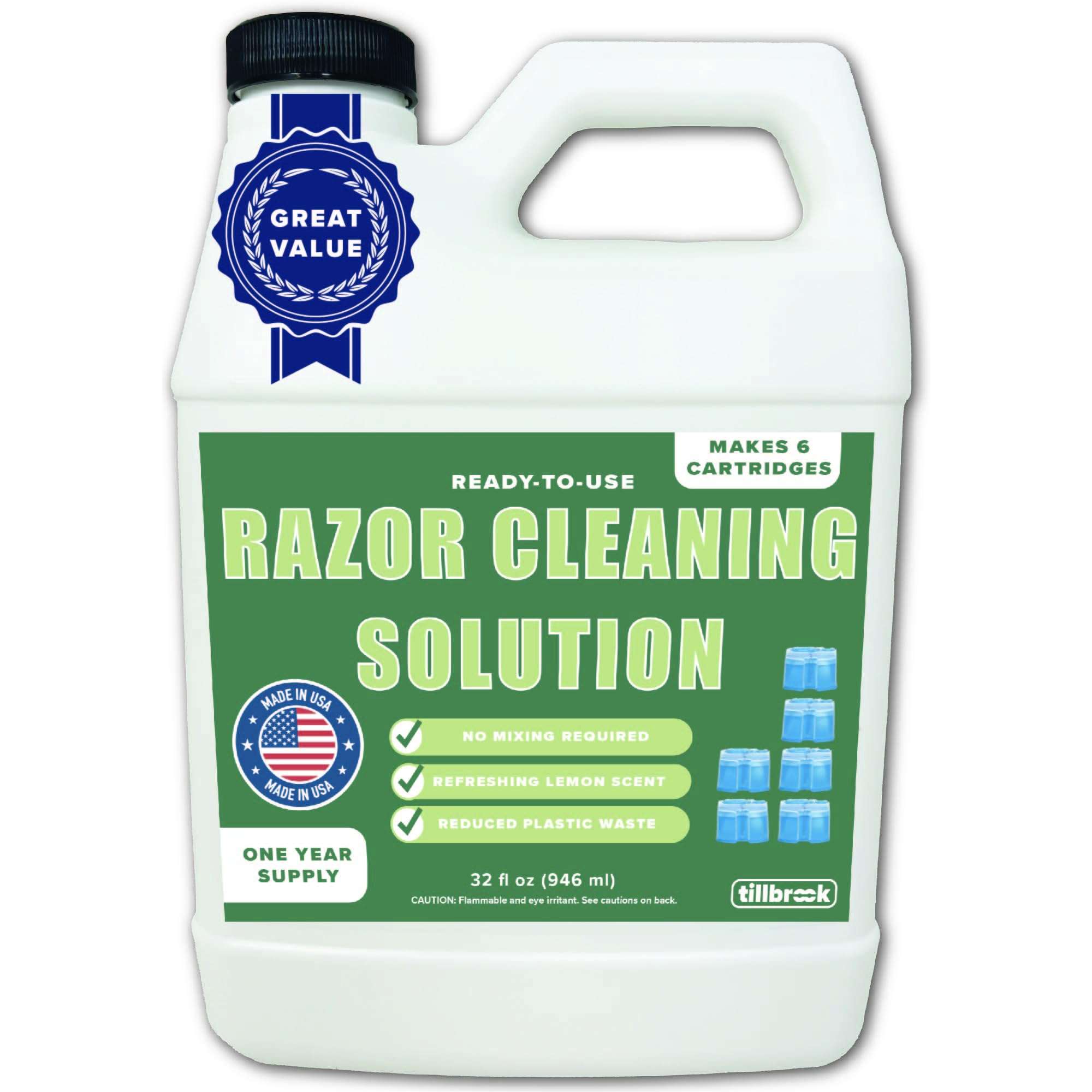 Tillbrook Electric Razor Cleaner - 1 YEAR SUPPLY - 32 oz Shaver Cleaning Solution - Easy Refill for Braun Clean and Renew Cartridges - Ready to Use Formula for Electric Shavers - Image 1