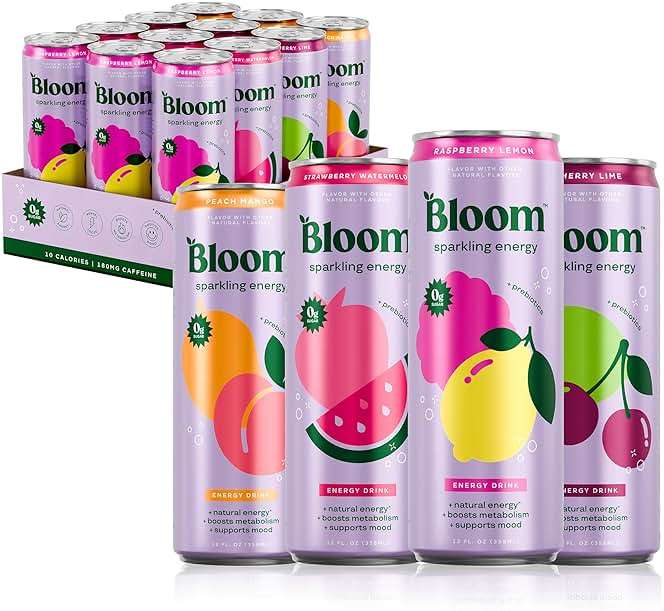Bloom Nutrition Sparkling Energy Drink - Variety Pack - Natural Caffeine, Zero Sugar, 180mg Caffeine - Antioxidant-Rich with Green Coffee Bean, Green Tea Extract, Prebiotics - 12oz 12 Pack - Image 1