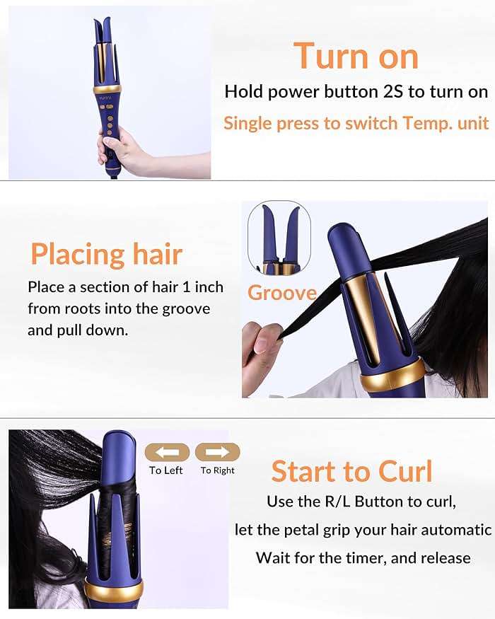 VURINI Automatic Curling Iron - 1.25" Rotating Curling Wand with 7 Temp. & 5 Timers Setting for Different Hair Types, Safe Auto Shut-Off, Easy to Use Hair Curler for Long Lasting Waves (Blue) - Image 7
