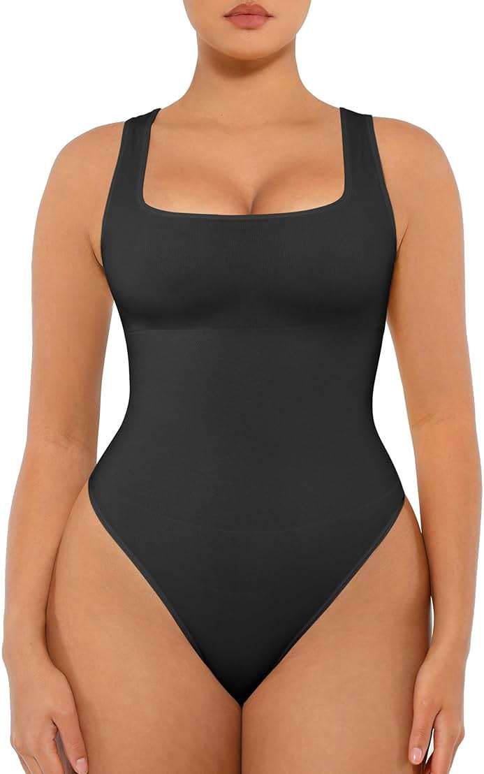 FeelinGirl Bodysuits for Women Seamless Square Neck Tummy Control Compression Thong Shapewear Bodysuit Tank Tops Bodysuit - Image 1