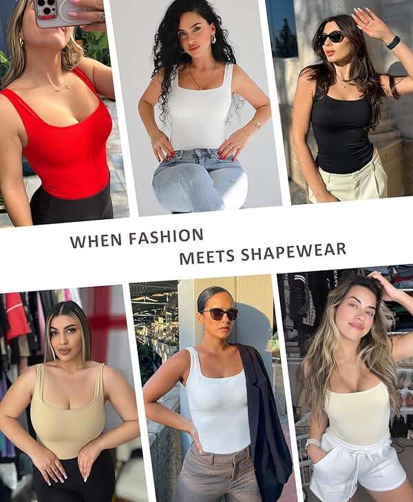 FeelinGirl Bodysuits for Women Seamless Square Neck Tummy Control Compression Thong Shapewear Bodysuit Tank Tops Bodysuit - Image 2