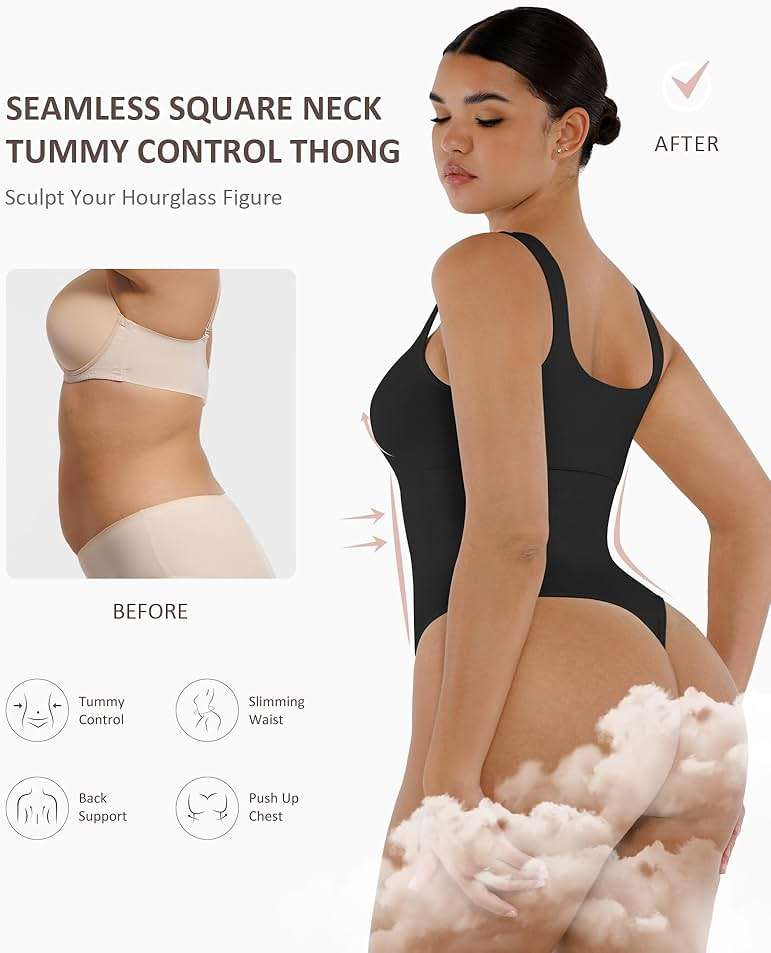 FeelinGirl Bodysuits for Women Seamless Square Neck Tummy Control Compression Thong Shapewear Bodysuit Tank Tops Bodysuit - Image 3