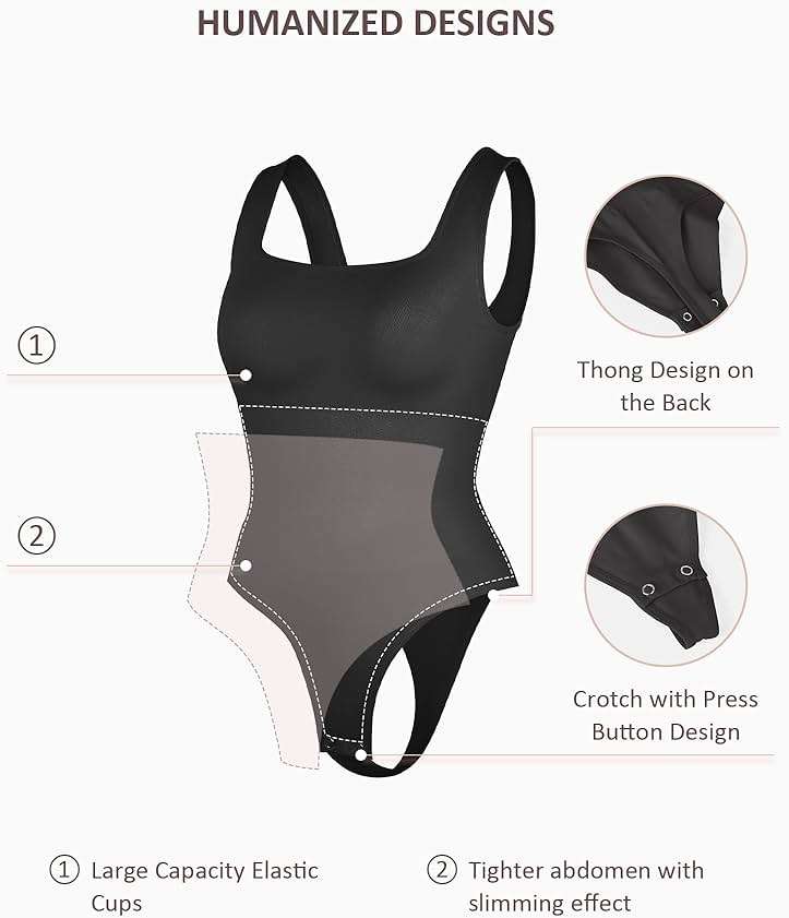 FeelinGirl Bodysuits for Women Seamless Square Neck Tummy Control Compression Thong Shapewear Bodysuit Tank Tops Bodysuit - Image 4