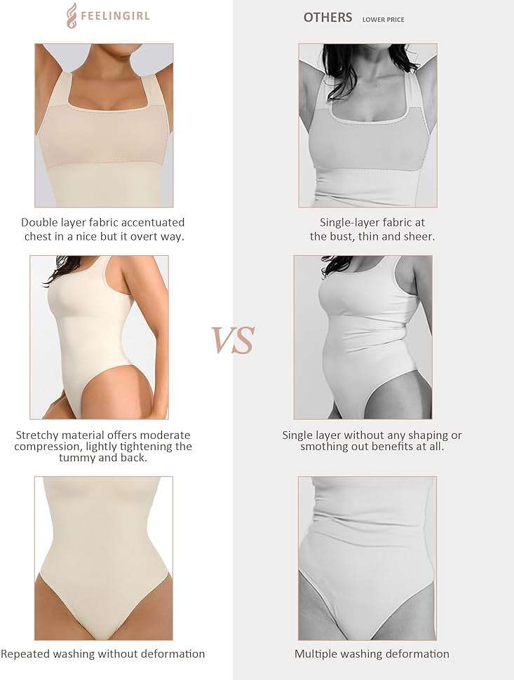 FeelinGirl Bodysuits for Women Seamless Square Neck Tummy Control Compression Thong Shapewear Bodysuit Tank Tops Bodysuit - Image 5
