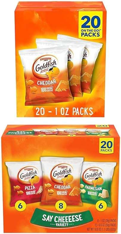 Goldfish Cheddar Cheese Crackers, Baked Snack Crackers, 1 oz On-the-Go Snack Packs, 20 Count Box and Goldfish Crackers Say Cheeeese Variety Pack with Cheddar, Pizza and Parmesan, Snack Packs, 20 Ct - Image 1