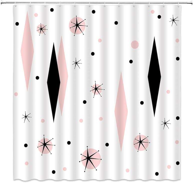 WANVYON Mid Century Shower Curtain Modern Abstract Atomic Diamond Polka Dots Retro 1950s Geometric Bathroom Decor Polyester Curtains with Hooks - Image 1