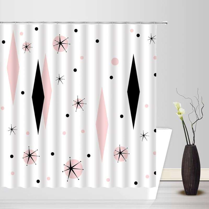 WANVYON Mid Century Shower Curtain Modern Abstract Atomic Diamond Polka Dots Retro 1950s Geometric Bathroom Decor Polyester Curtains with Hooks - Image 2