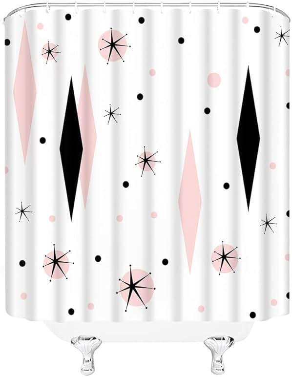 WANVYON Mid Century Shower Curtain Modern Abstract Atomic Diamond Polka Dots Retro 1950s Geometric Bathroom Decor Polyester Curtains with Hooks - Image 3