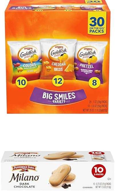 Goldfish Crackers Big Smiles Variety Pack with Cheddar, Colors, and Pretzels, Snack Packs, 30 Ct and Pepperidge Farm Milano Cookies, Dark Chocolate, 10 Packs, 2 Cookies per Pack - Image 1