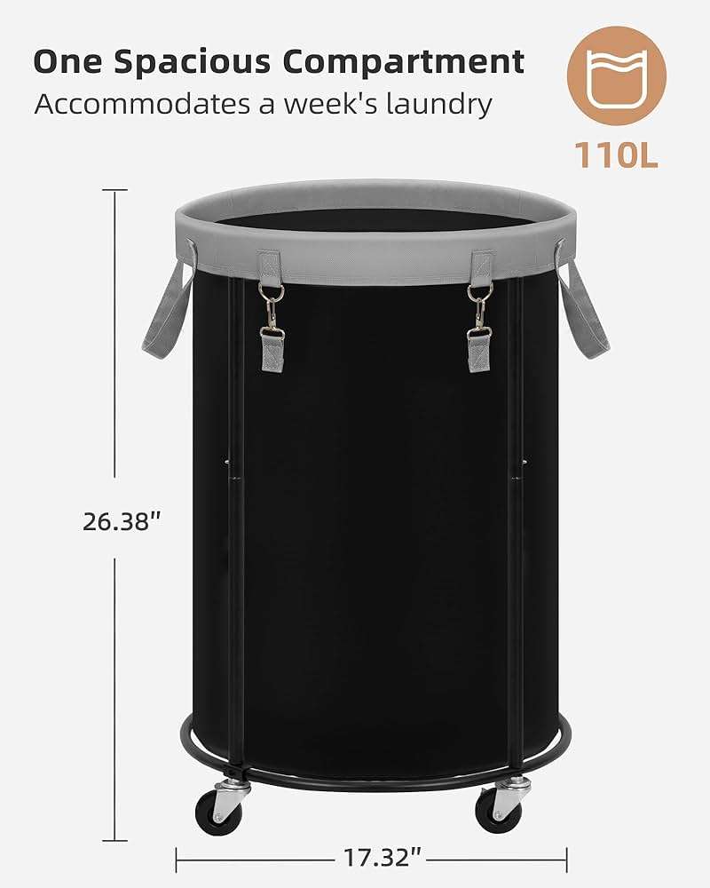 STORAGE MANIAC Rolling Laundry Hamper with Wheels 110L Laundry Basket, Round Laundry Cart with Metal Frame and Removable Bag, Clothes Hamper for Bedroom, Bathroom, Dorm Room, Laundry Room, Black - Image 3